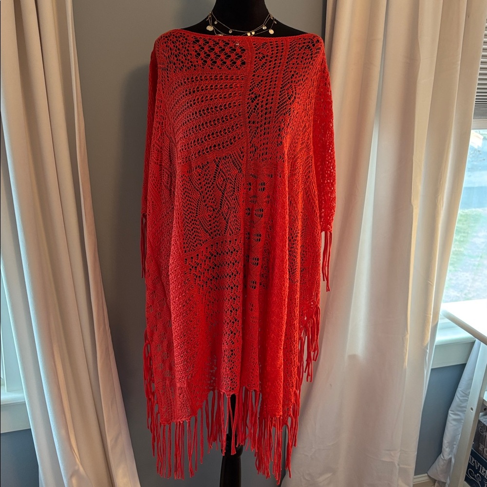 Ralph Lauren Vibrant Crochet Fringed Poncho Bright Poppy